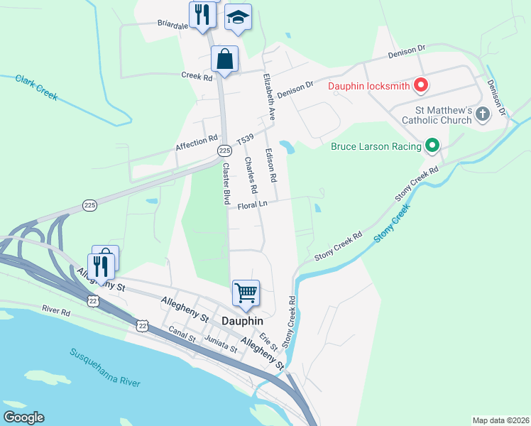 map of restaurants, bars, coffee shops, grocery stores, and more near 100 Floral Lane in Dauphin