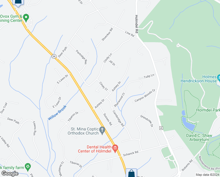 map of restaurants, bars, coffee shops, grocery stores, and more near 13 Ashley Drive in Holmdel