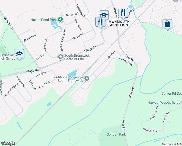map of restaurants, bars, coffee shops, grocery stores, and more near 47 Kelly Way in South Brunswick Township