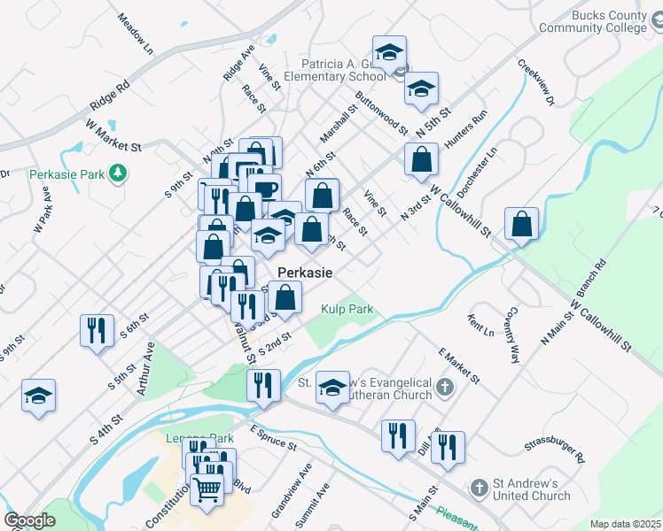 map of restaurants, bars, coffee shops, grocery stores, and more near 304 Arch Street in Perkasie