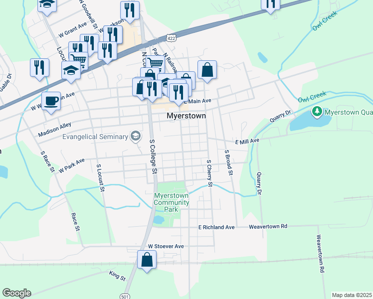 map of restaurants, bars, coffee shops, grocery stores, and more near 9 East Park Avenue in Myerstown