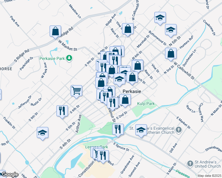 map of restaurants, bars, coffee shops, grocery stores, and more near 116 South 5th Street in Perkasie
