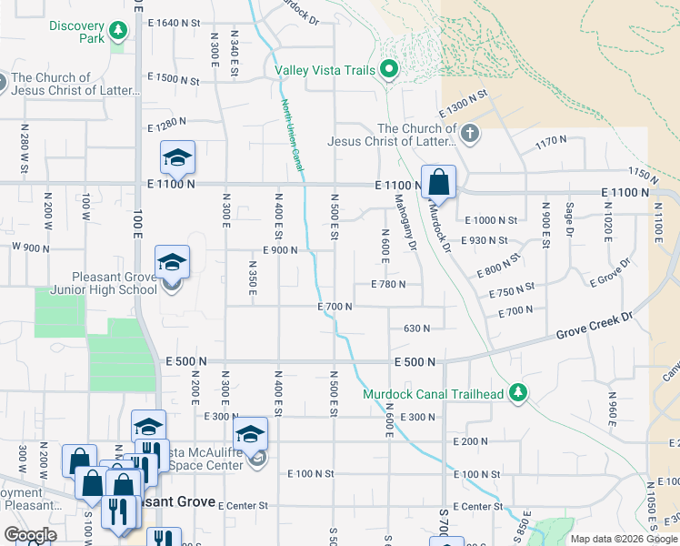 map of restaurants, bars, coffee shops, grocery stores, and more near 826 North 500 East Street in Pleasant Grove