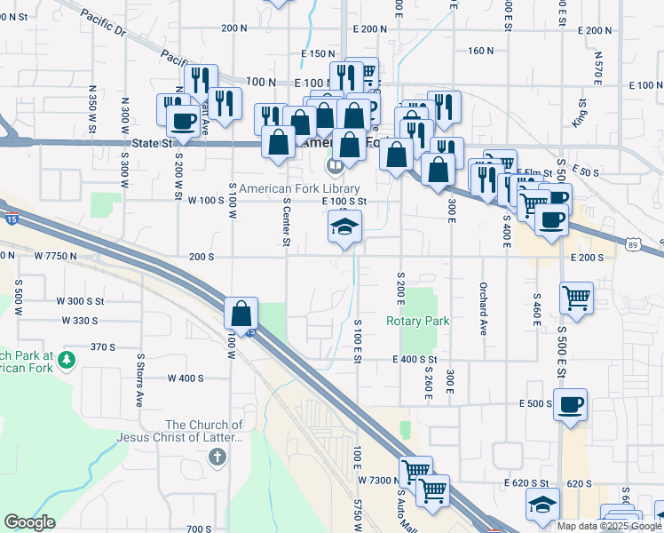map of restaurants, bars, coffee shops, grocery stores, and more near 200 South 50 East in American Fork