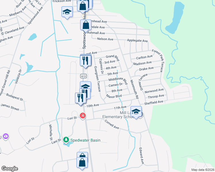 map of restaurants, bars, coffee shops, grocery stores, and more near 3 Cameo Drive in Monroe Township