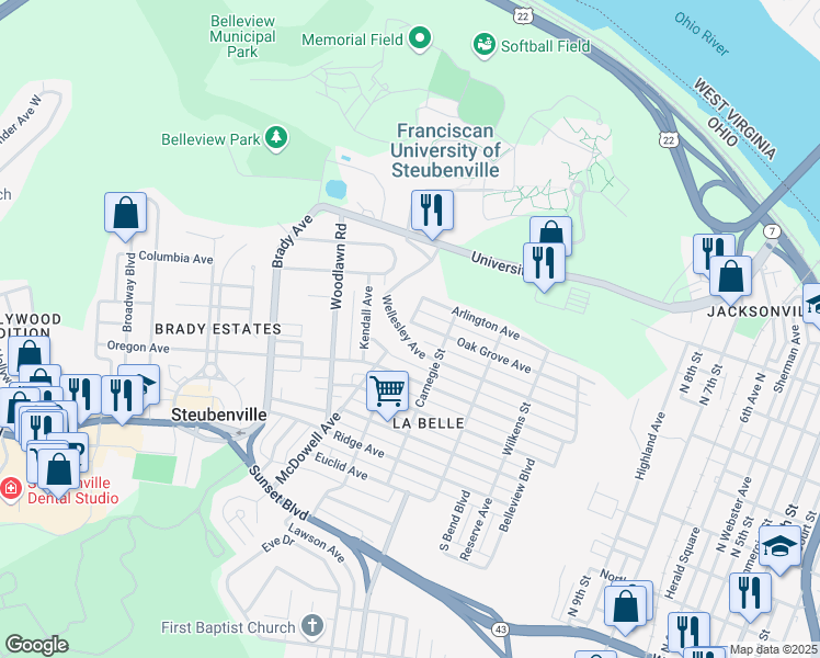 map of restaurants, bars, coffee shops, grocery stores, and more near 1436 Oak Grove Avenue in Steubenville