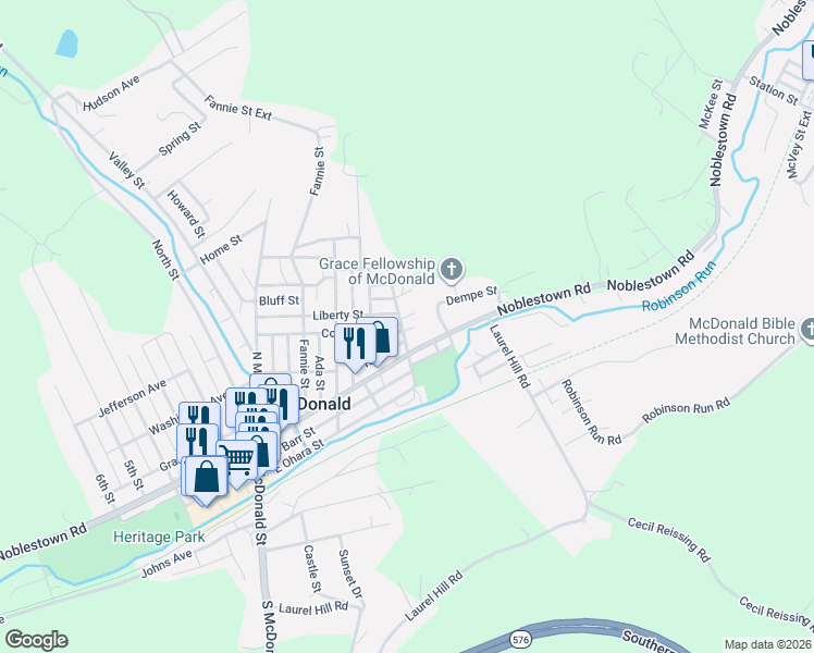 map of restaurants, bars, coffee shops, grocery stores, and more near 116 Miller Street in McDonald