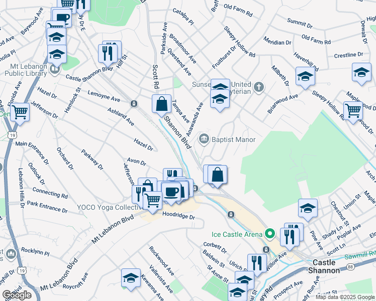 map of restaurants, bars, coffee shops, grocery stores, and more near 466 Castle Shannon Boulevard in Pittsburgh