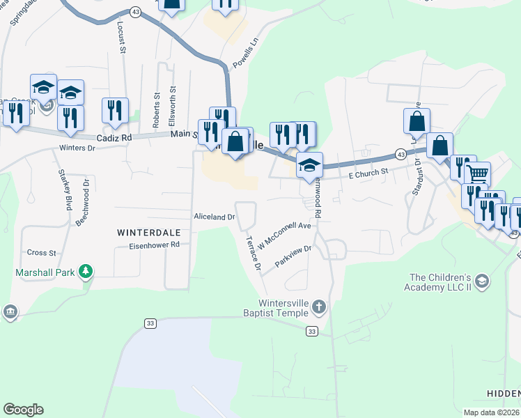 map of restaurants, bars, coffee shops, grocery stores, and more near 200 School Street in Wintersville