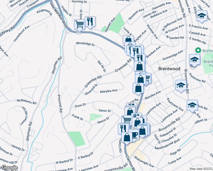 map of restaurants, bars, coffee shops, grocery stores, and more near 537 Glowood Drive in Pittsburgh