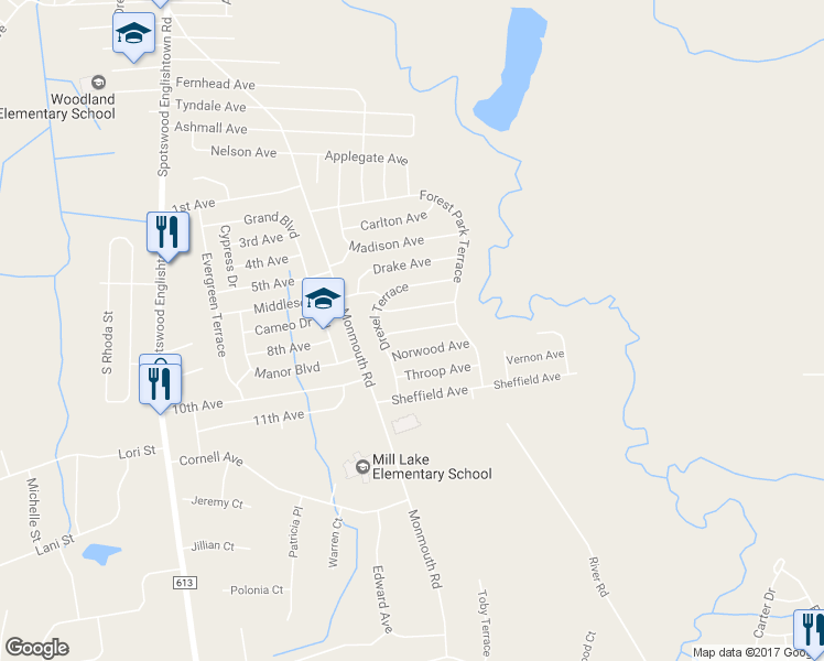 map of restaurants, bars, coffee shops, grocery stores, and more near 9 Hunterdon Avenue in Monroe Township