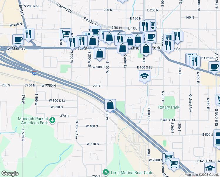 map of restaurants, bars, coffee shops, grocery stores, and more near 209 South 100 West in American Fork