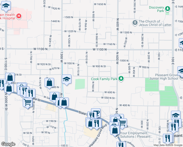 map of restaurants, bars, coffee shops, grocery stores, and more near 827 North 960 West in Pleasant Grove