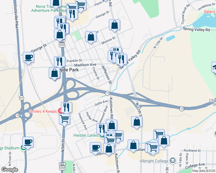 map of restaurants, bars, coffee shops, grocery stores, and more near 114 Park Avenue in Laureldale