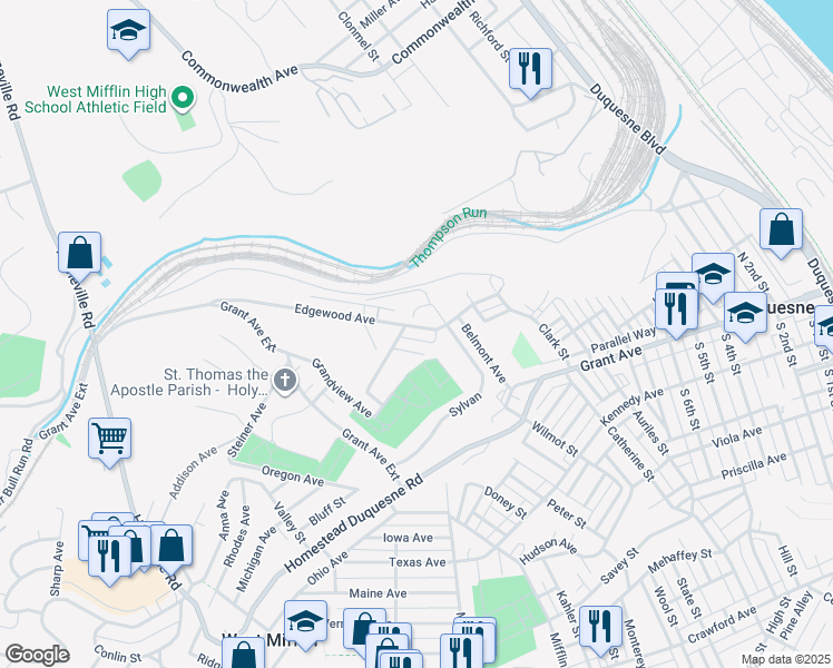 map of restaurants, bars, coffee shops, grocery stores, and more near 405 Edgewood Avenue in West Mifflin
