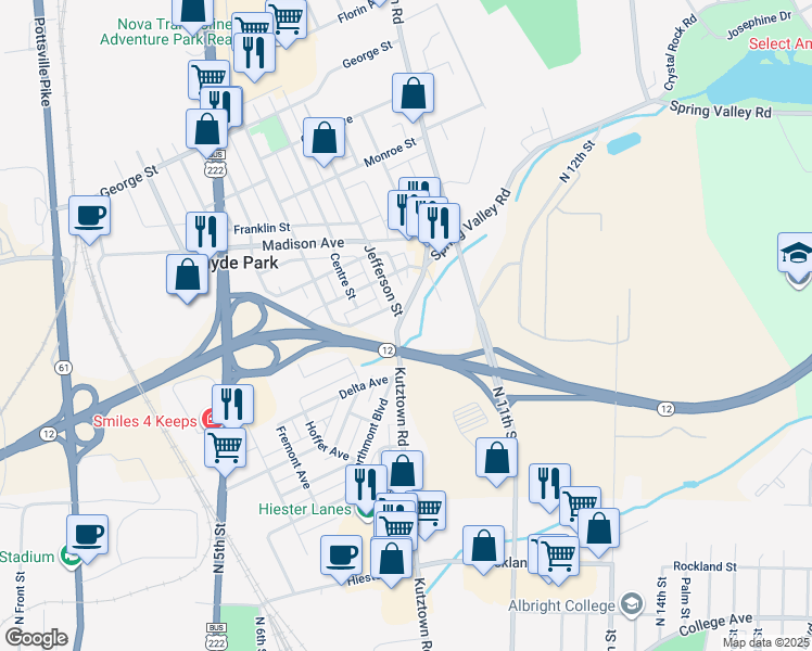 map of restaurants, bars, coffee shops, grocery stores, and more near 2421 Kutztown Road in Reading