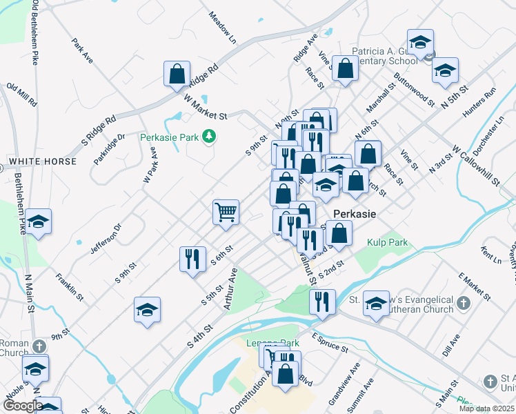 map of restaurants, bars, coffee shops, grocery stores, and more near 219 South 7th Street in Perkasie