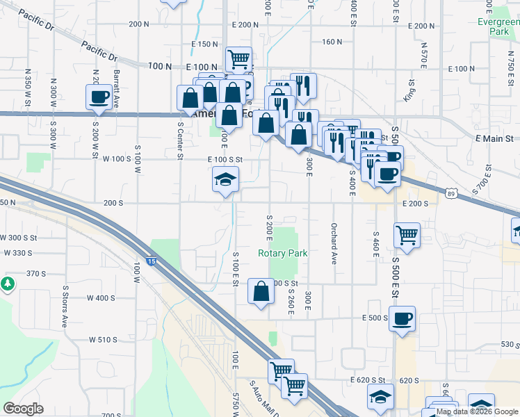 map of restaurants, bars, coffee shops, grocery stores, and more near 206 South 200 East in American Fork