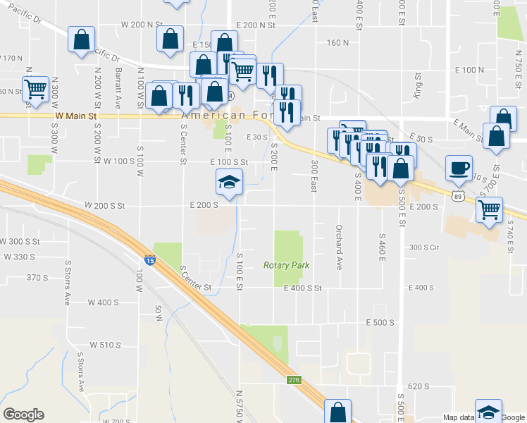map of restaurants, bars, coffee shops, grocery stores, and more near 206 South 200 East in American Fork