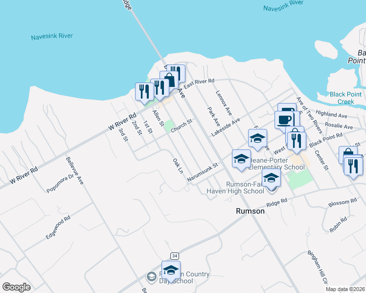 map of restaurants, bars, coffee shops, grocery stores, and more near 35 Allen Street in Rumson