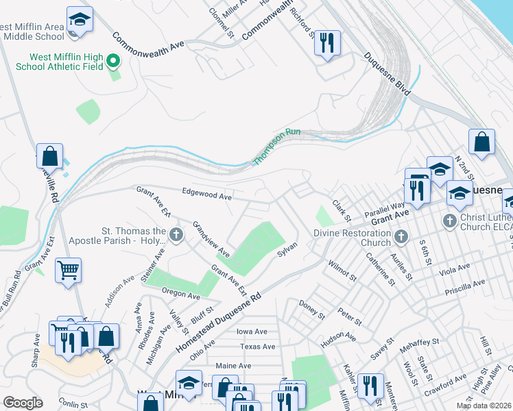 map of restaurants, bars, coffee shops, grocery stores, and more near 405 Edgewood Avenue in West Mifflin