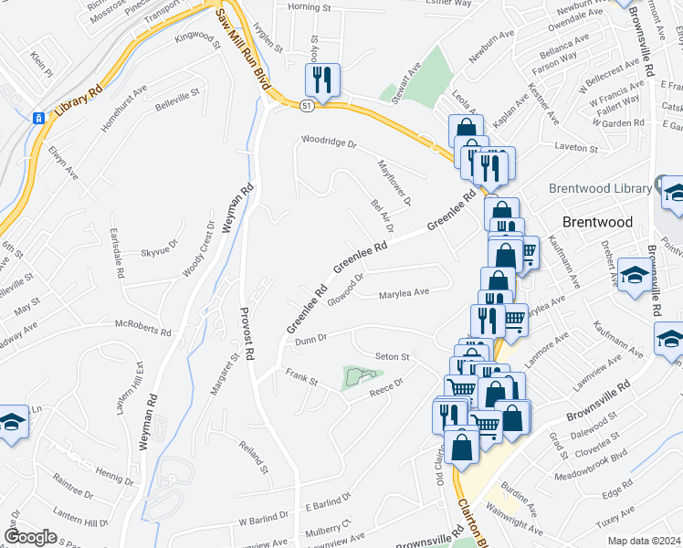 map of restaurants, bars, coffee shops, grocery stores, and more near 628 Greenlee Road in Pittsburgh