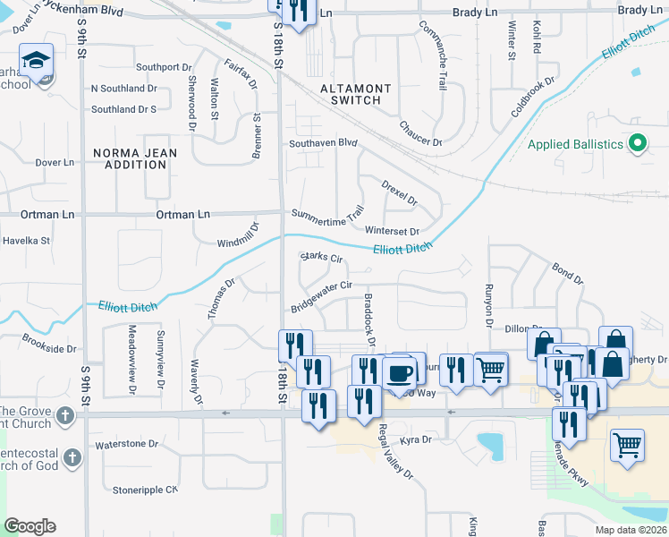 map of restaurants, bars, coffee shops, grocery stores, and more near 1918 Chamberlin Drive in Lafayette