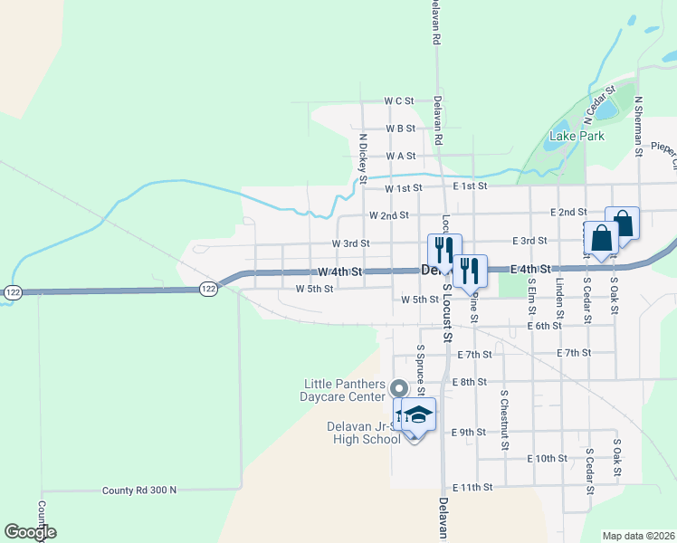 map of restaurants, bars, coffee shops, grocery stores, and more near 499 W 4th St in Delavan