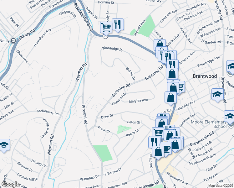 map of restaurants, bars, coffee shops, grocery stores, and more near 628 Greenlee Road in Pittsburgh