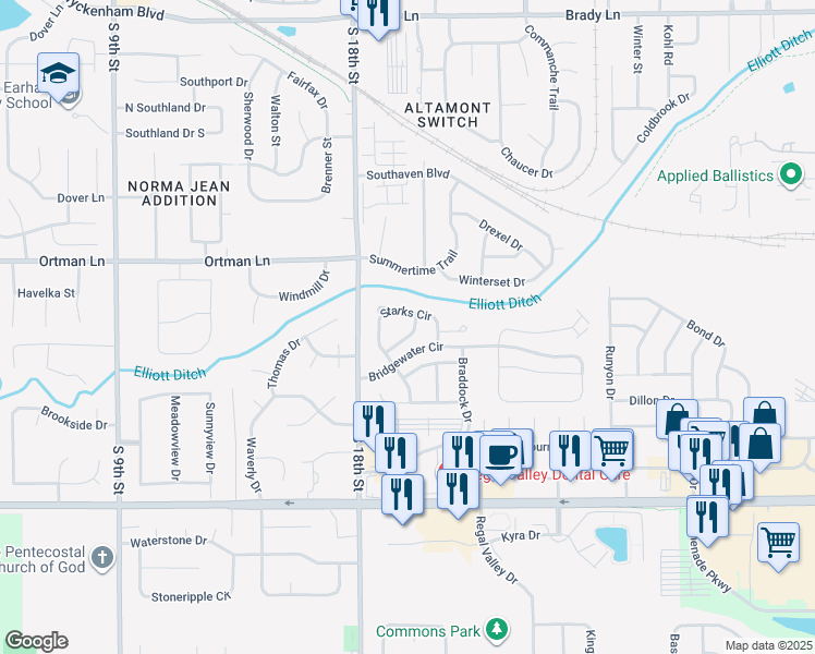 map of restaurants, bars, coffee shops, grocery stores, and more near 1918 Chamberlin Drive in Lafayette
