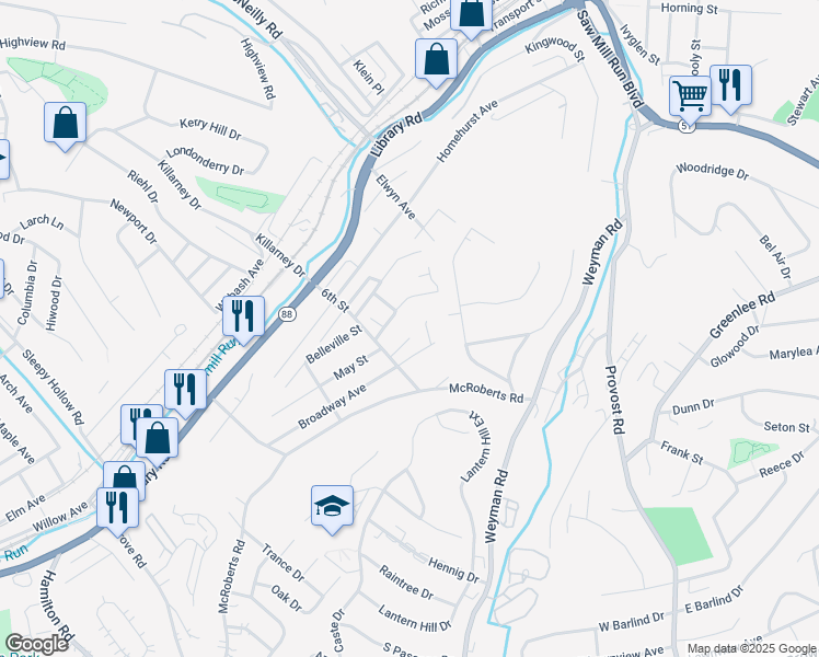 map of restaurants, bars, coffee shops, grocery stores, and more near 3036 Canbet Drive in Pittsburgh