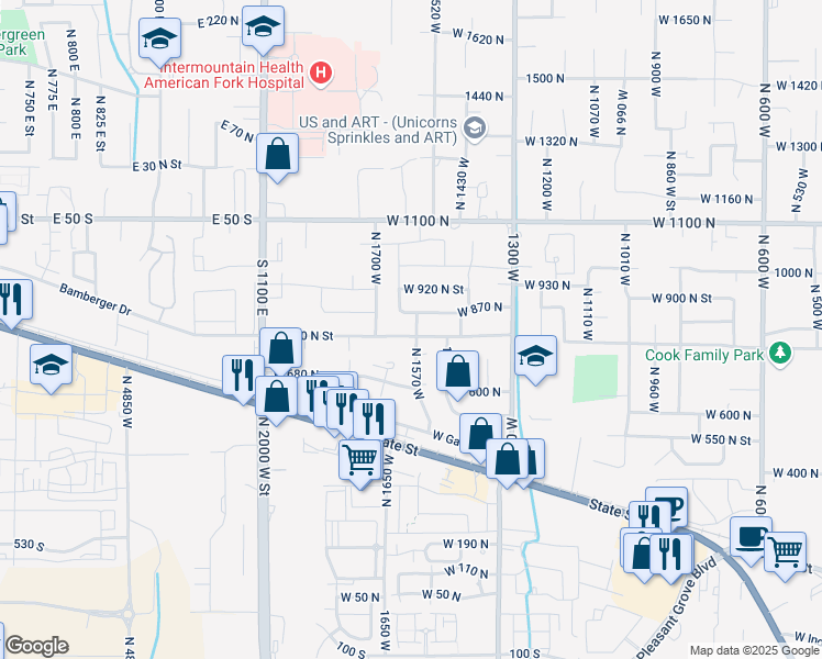 map of restaurants, bars, coffee shops, grocery stores, and more near 819 North 1570 West in Pleasant Grove