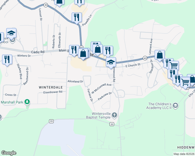 map of restaurants, bars, coffee shops, grocery stores, and more near 200 School Street in Wintersville