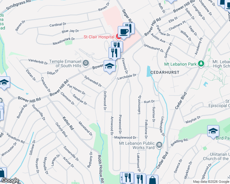 map of restaurants, bars, coffee shops, grocery stores, and more near 1151 Arrowood Drive in Pittsburgh