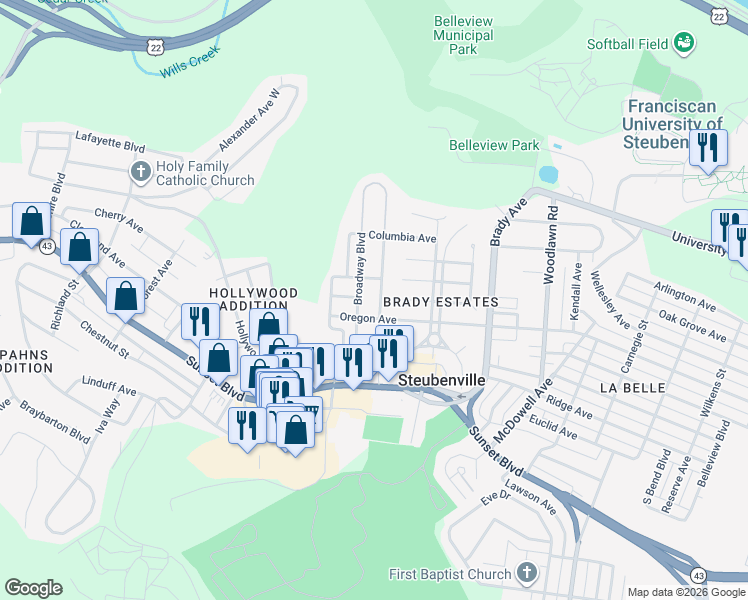 map of restaurants, bars, coffee shops, grocery stores, and more near 723 Oxford Boulevard in Steubenville