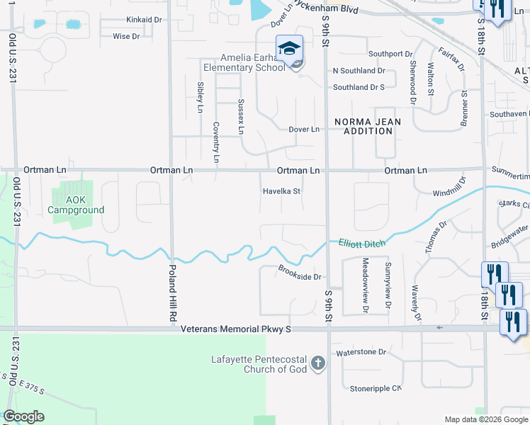 map of restaurants, bars, coffee shops, grocery stores, and more near 3615 Joallen Lane in Lafayette