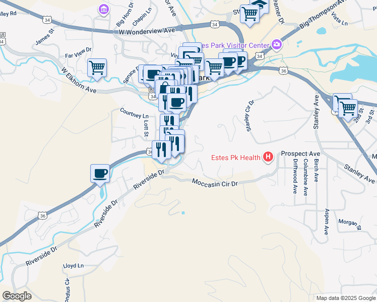 map of restaurants, bars, coffee shops, grocery stores, and more near 225 Cyteworth Road in Estes Park
