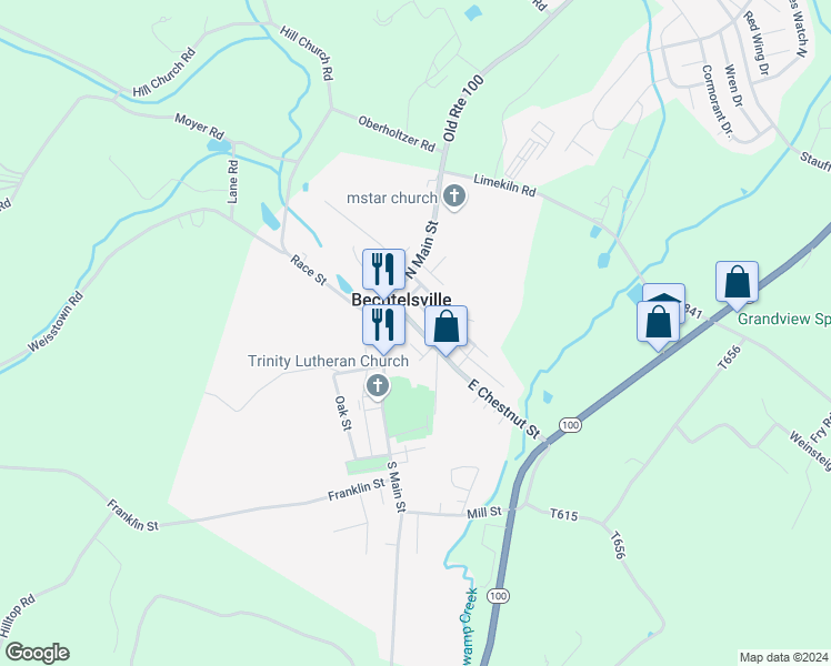 map of restaurants, bars, coffee shops, grocery stores, and more near 156 East Chestnut Street in Bechtelsville