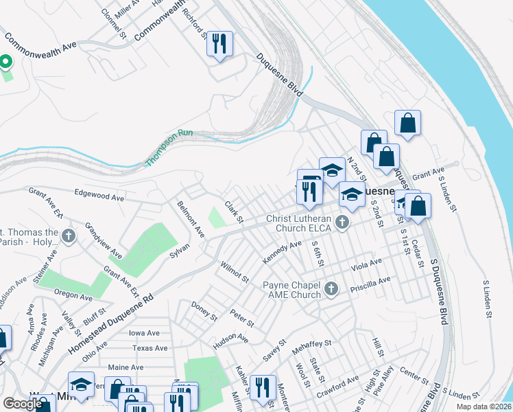 map of restaurants, bars, coffee shops, grocery stores, and more near 27 Erwin Street in Duquesne