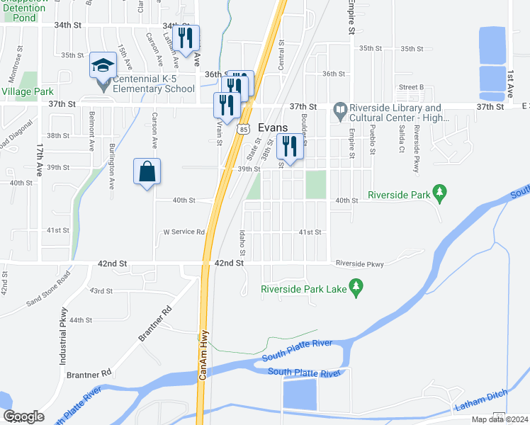 map of restaurants, bars, coffee shops, grocery stores, and more near 4010 Denver Street in Evans
