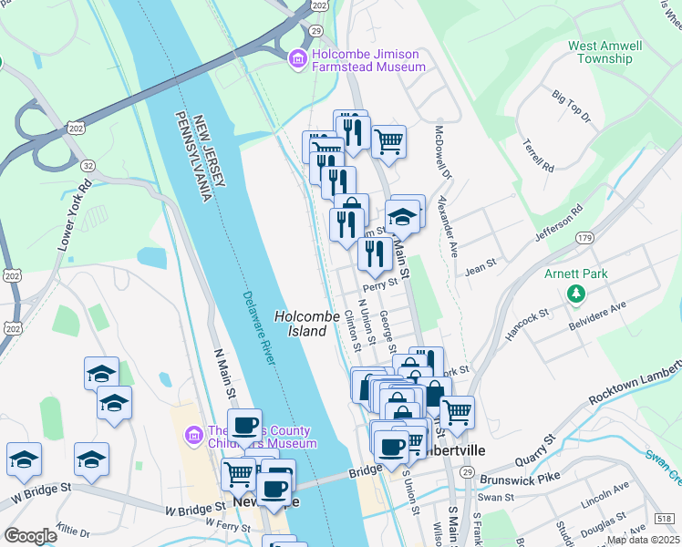 map of restaurants, bars, coffee shops, grocery stores, and more near 122 Clinton Street in Lambertville