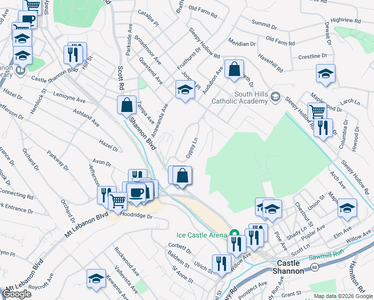 map of restaurants, bars, coffee shops, grocery stores, and more near 734 Gypsy Ln in Pittsburgh