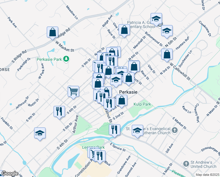map of restaurants, bars, coffee shops, grocery stores, and more near 110 South 5th Street in Perkasie