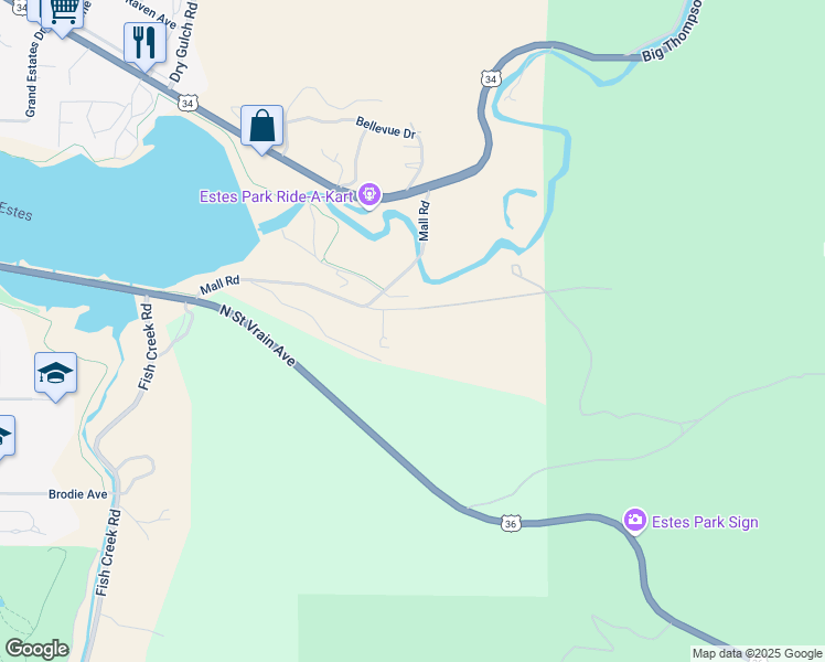 map of restaurants, bars, coffee shops, grocery stores, and more near 2200 Mall Road in Estes Park
