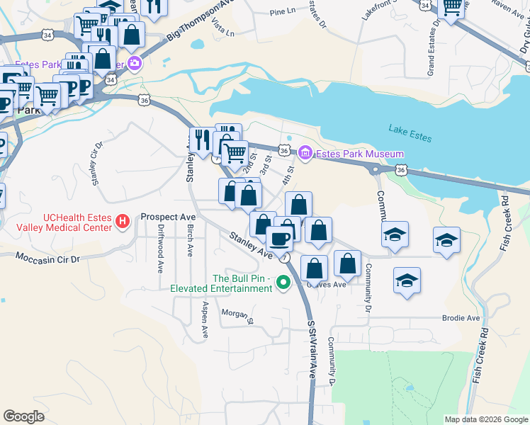 map of restaurants, bars, coffee shops, grocery stores, and more near 341 4th Street in Estes Park