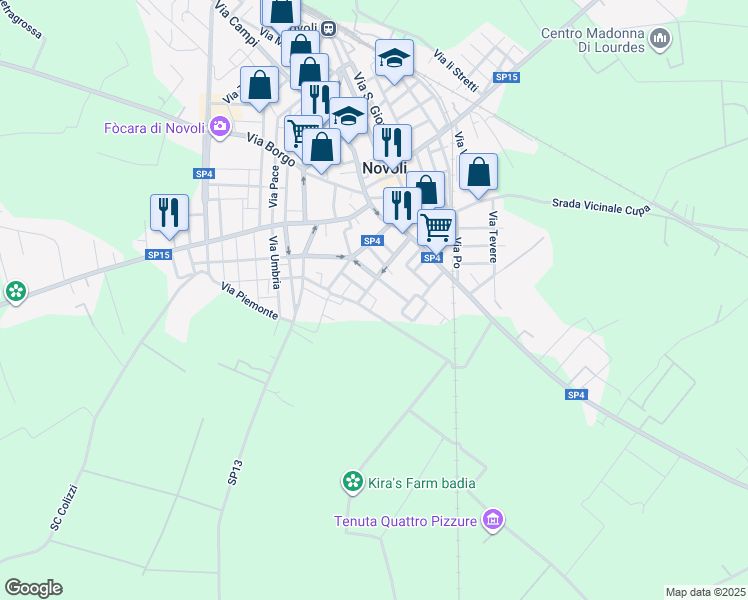 map of restaurants, bars, coffee shops, grocery stores, and more near 29 Via Luigi Madaro in Novoli
