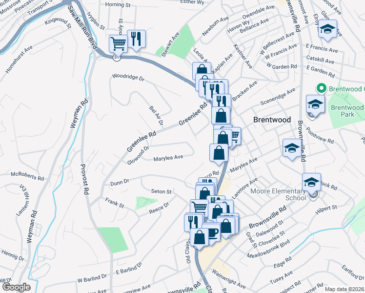 map of restaurants, bars, coffee shops, grocery stores, and more near 509 Glowood Drive in Pittsburgh