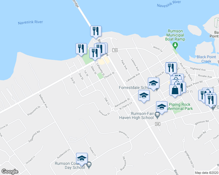 map of restaurants, bars, coffee shops, grocery stores, and more near 64 Lafayette Street in Rumson