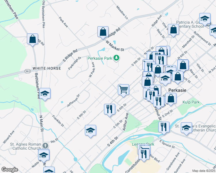 map of restaurants, bars, coffee shops, grocery stores, and more near 416 South 9th Street in Perkasie