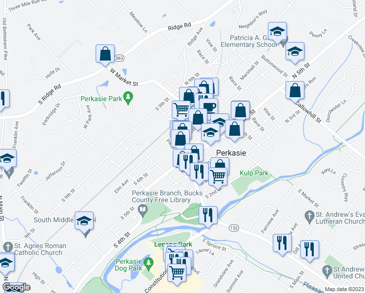 map of restaurants, bars, coffee shops, grocery stores, and more near 519 West Walnut Street in Perkasie